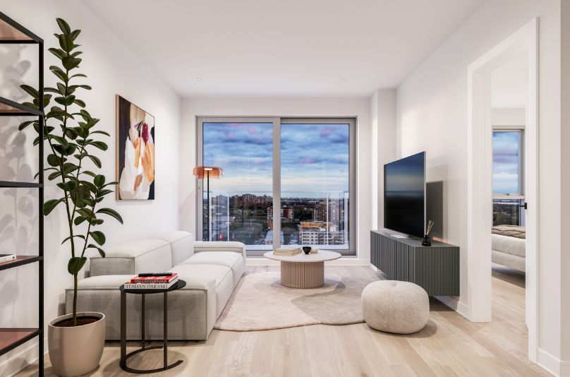 Salon dans un condo Aria du projet Voltige à Montréal
